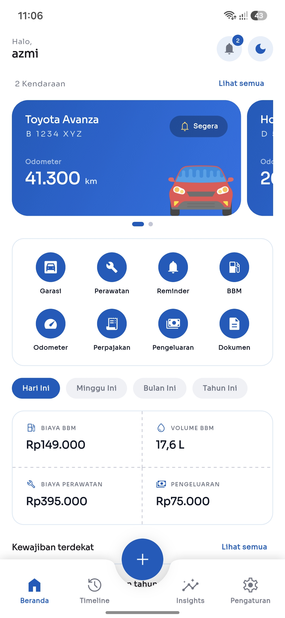 Beranda aplikasi Garagist: kartu kendaraan Toyota Avanza dengan odometer 41.300 km, pintasan ke delapan modul, dan ringkasan biaya BBM serta perawatan