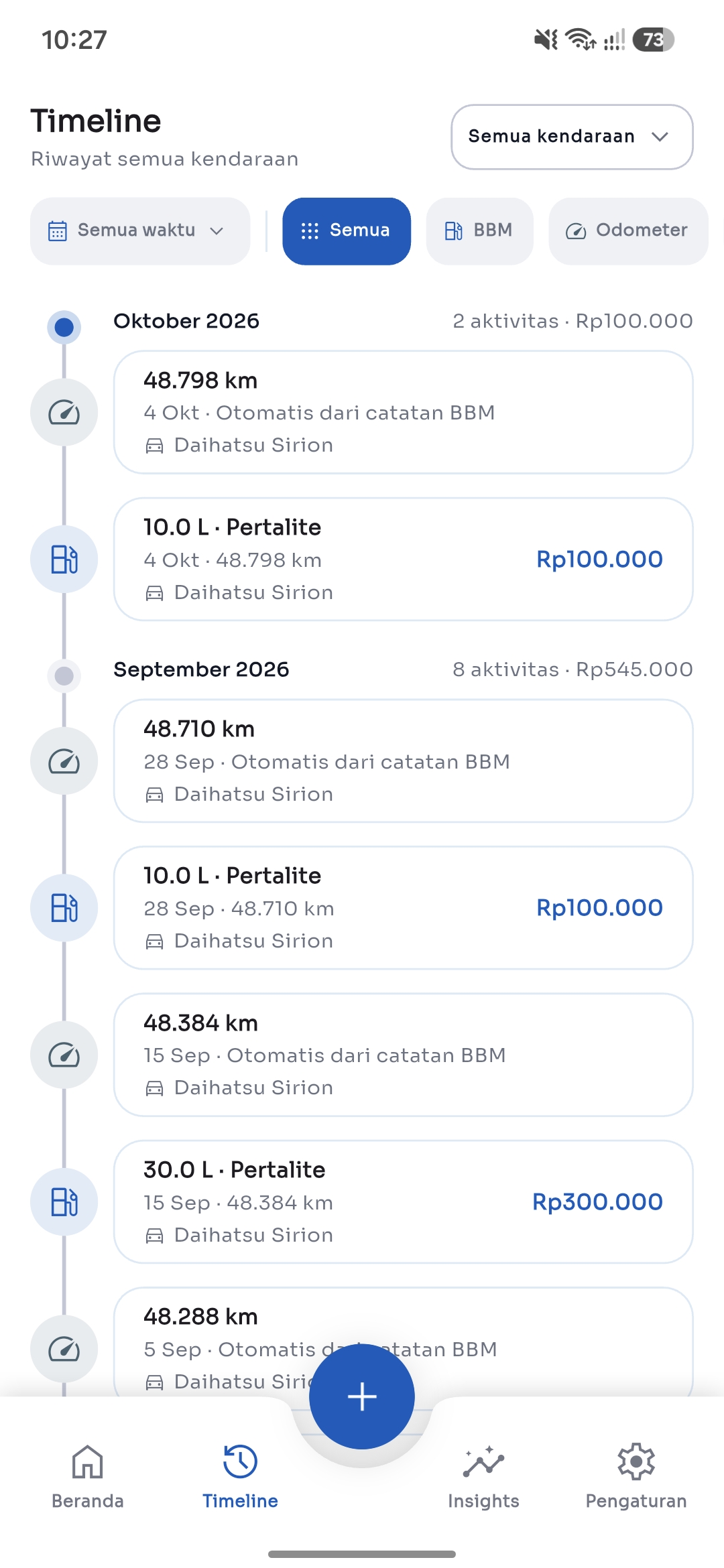 Tab Timeline Garagist: daftar catatan BBM, odometer, dan pengeluaran yang terurut per kendaraan